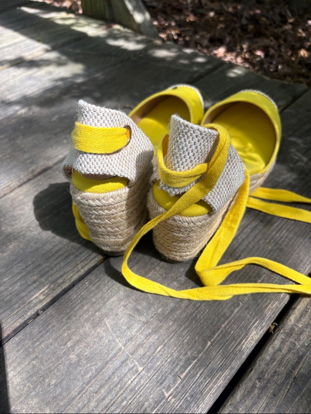 Yellow and Beige Espadrille Wedge Tie Sandals - Women - Picture 3 of 6